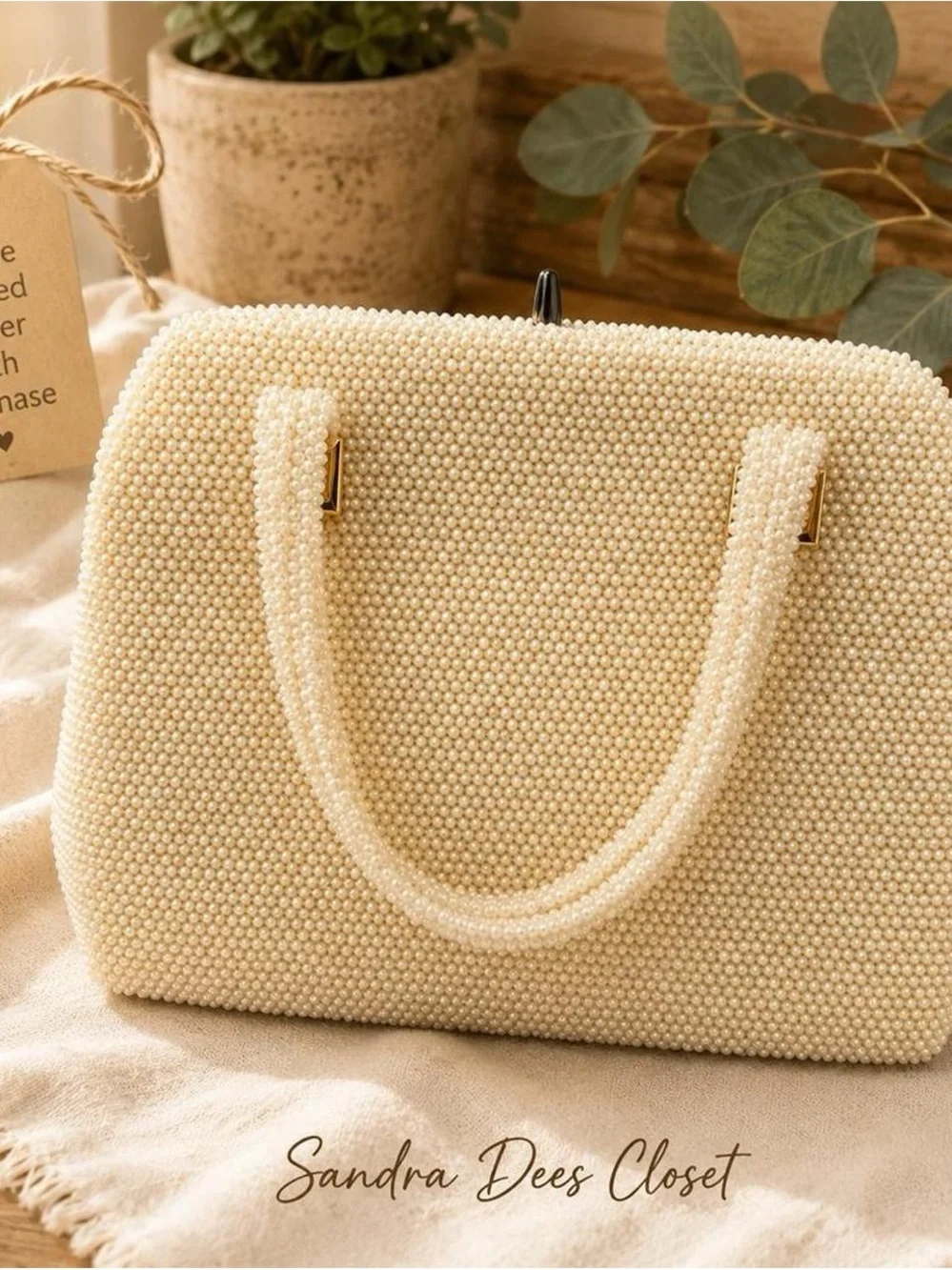 Vintage Cream Beaded Satchel with Top Handles